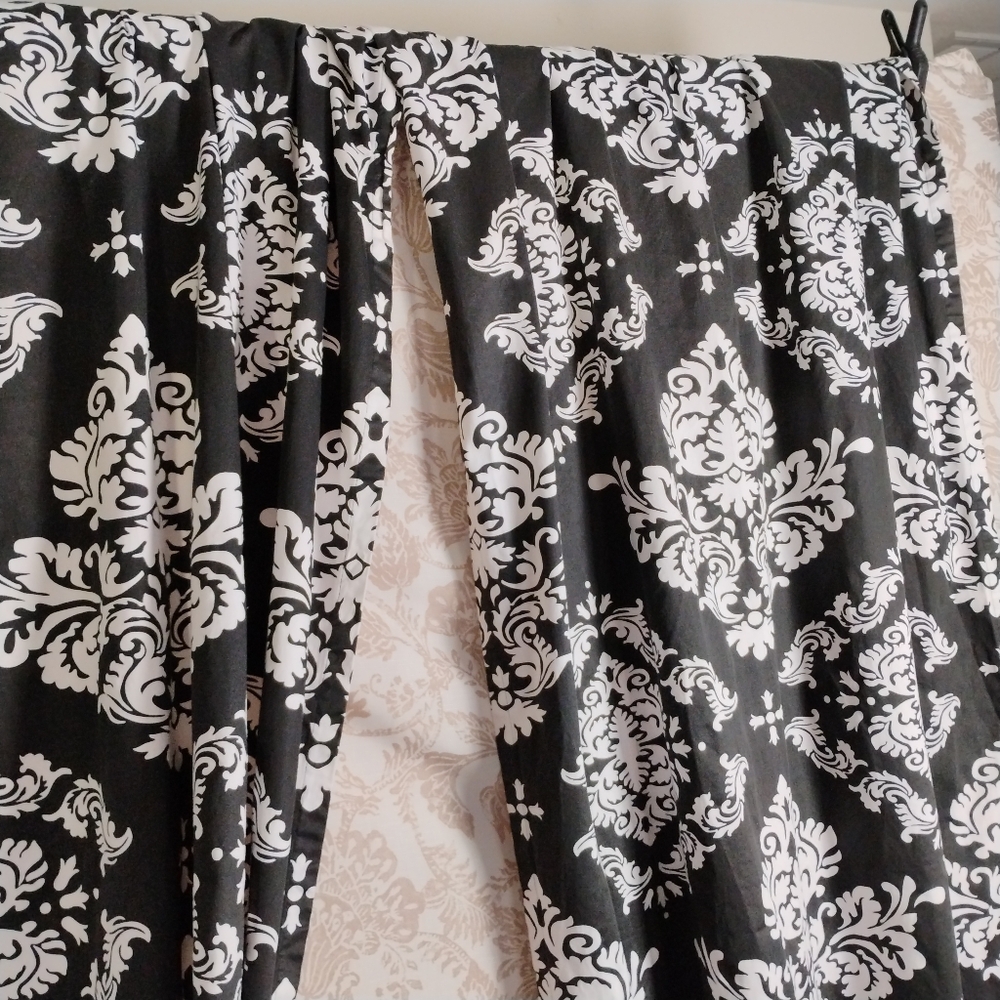 2 Panel Black & White Damask Curtain Panels 92"x41" Gothic Victorian Room Darken